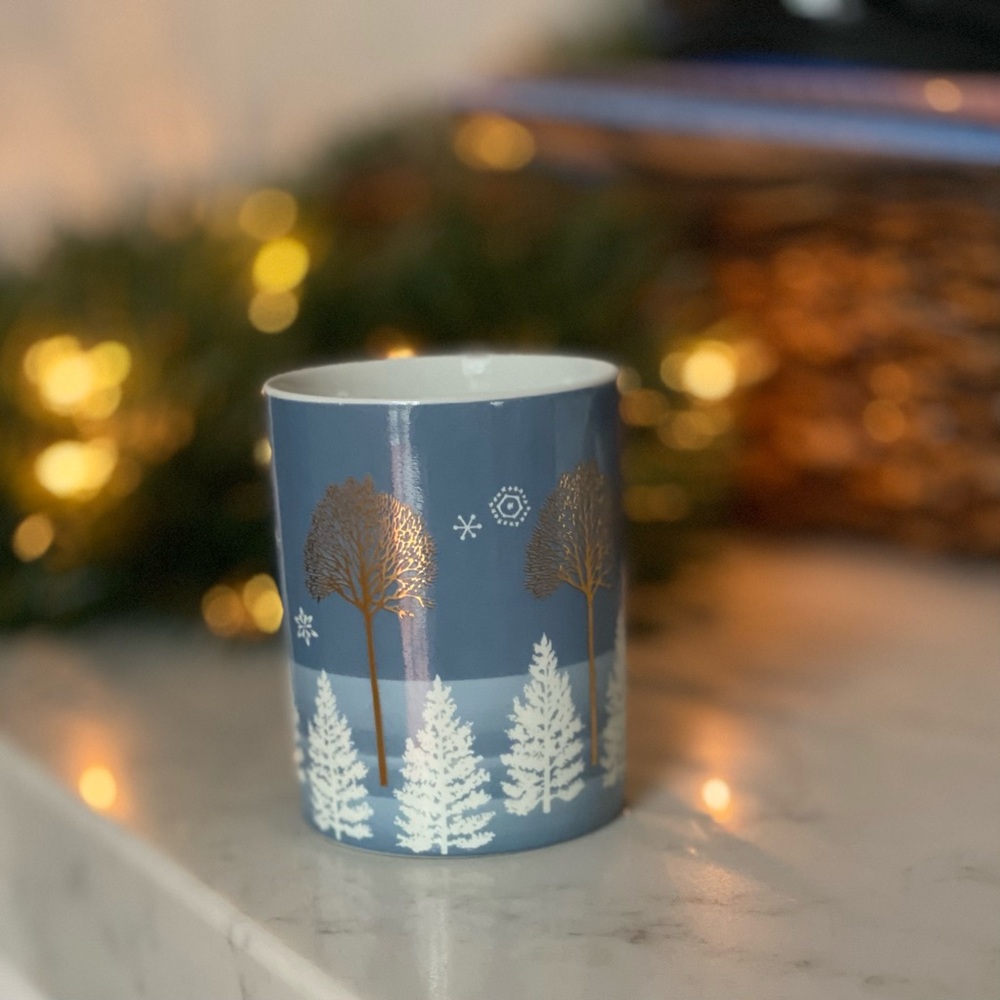 Andre Richard Vintage Blue Winter Scene Cup Designer Porcelain Snow Gold Trees